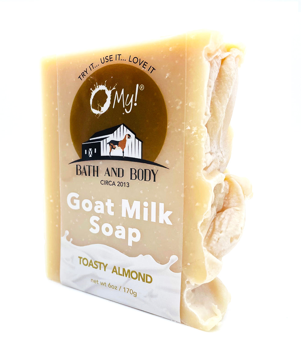O My! Goat Milk Bar Soap Toasty Almond handcrafted in the USA and all natural made with raw goat milk sourced from US goat farms.