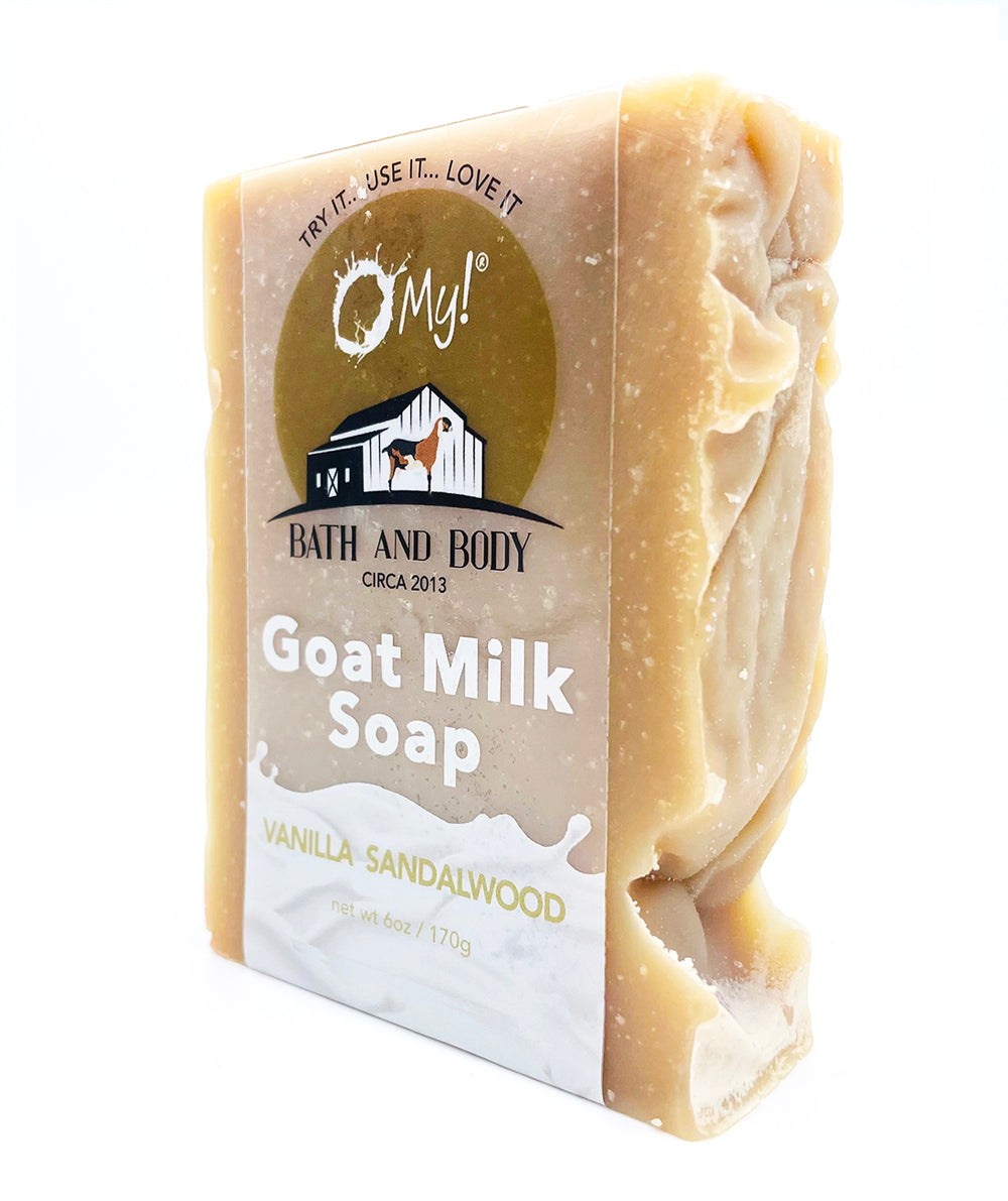 O My! Goat Milk Bar Soap Vanilla Sandalwood handcrafted in the USA and all natural made with raw goat milk sourced from US goat farms.