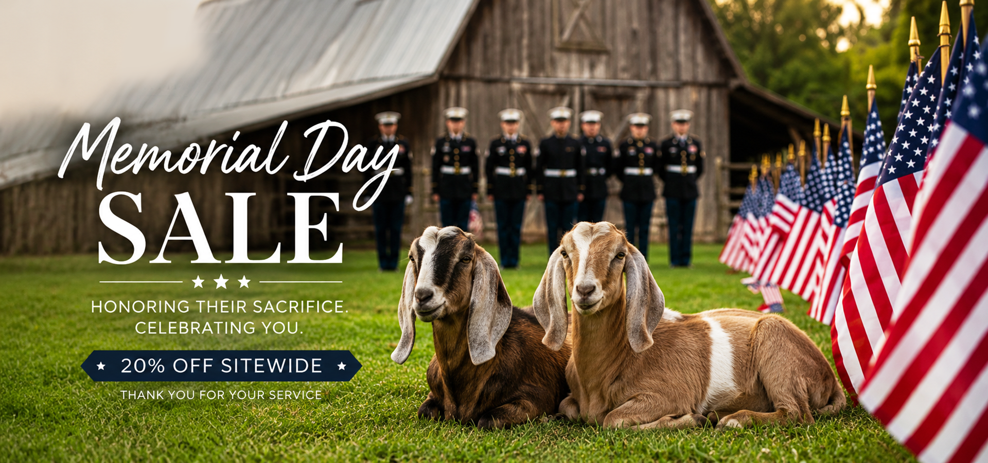 Two goats sitting on grass with American flags and a barn in the background, promoting a Memorial Day sale.
