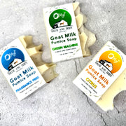 O My! Pumice Goat Milk Soap bars in Citrus Essential Oil, Green Machine and Fragrance Free
