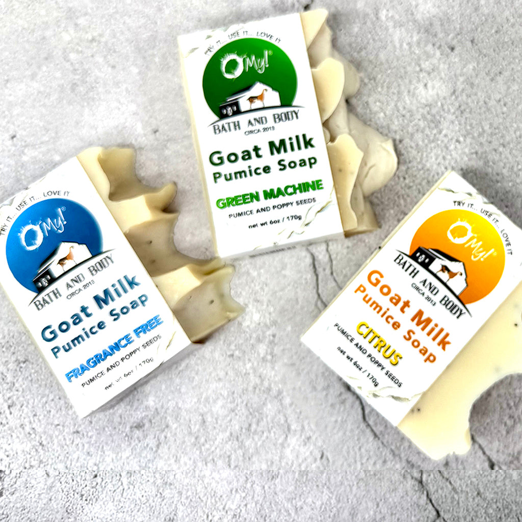 O My! Pumice Goat Milk Soap bars in Citrus Essential Oil, Green Machine and Fragrance Free