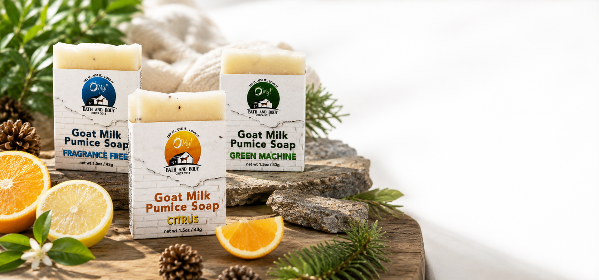 O My! Goat Milk Pumice Soap Traveler bars in a natural, wooded setting showing off the traveler bars.