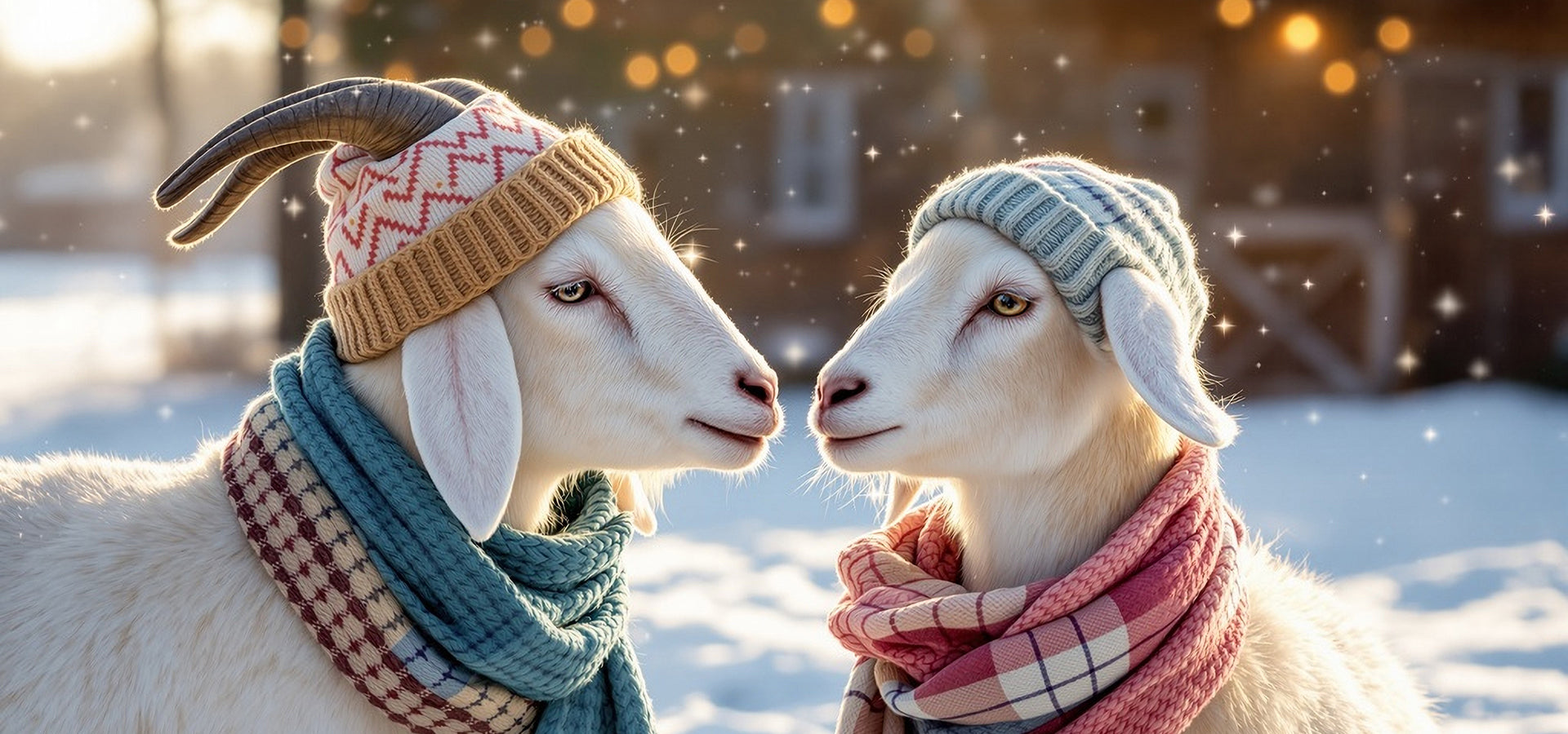 Two goats wearing knitted hats and scarves in a snowy setting