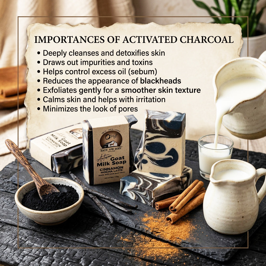 Importance of Activated Charcoal in O My! Artisan Goat Milk Soap bar Cinnamon Mocha Latte.  Charcoal, cinnamon and raw goat milk on a rustic table.  The activated charcoal in O My! deeply cleanses and detoxifies skin; draws out impurities and toxins; helps control excess oil (sebum); reduces the appearance of blackheads; exfoliates gently for a smoother skin texture; calms skin and helps with irritation; minimizes the look of pores.