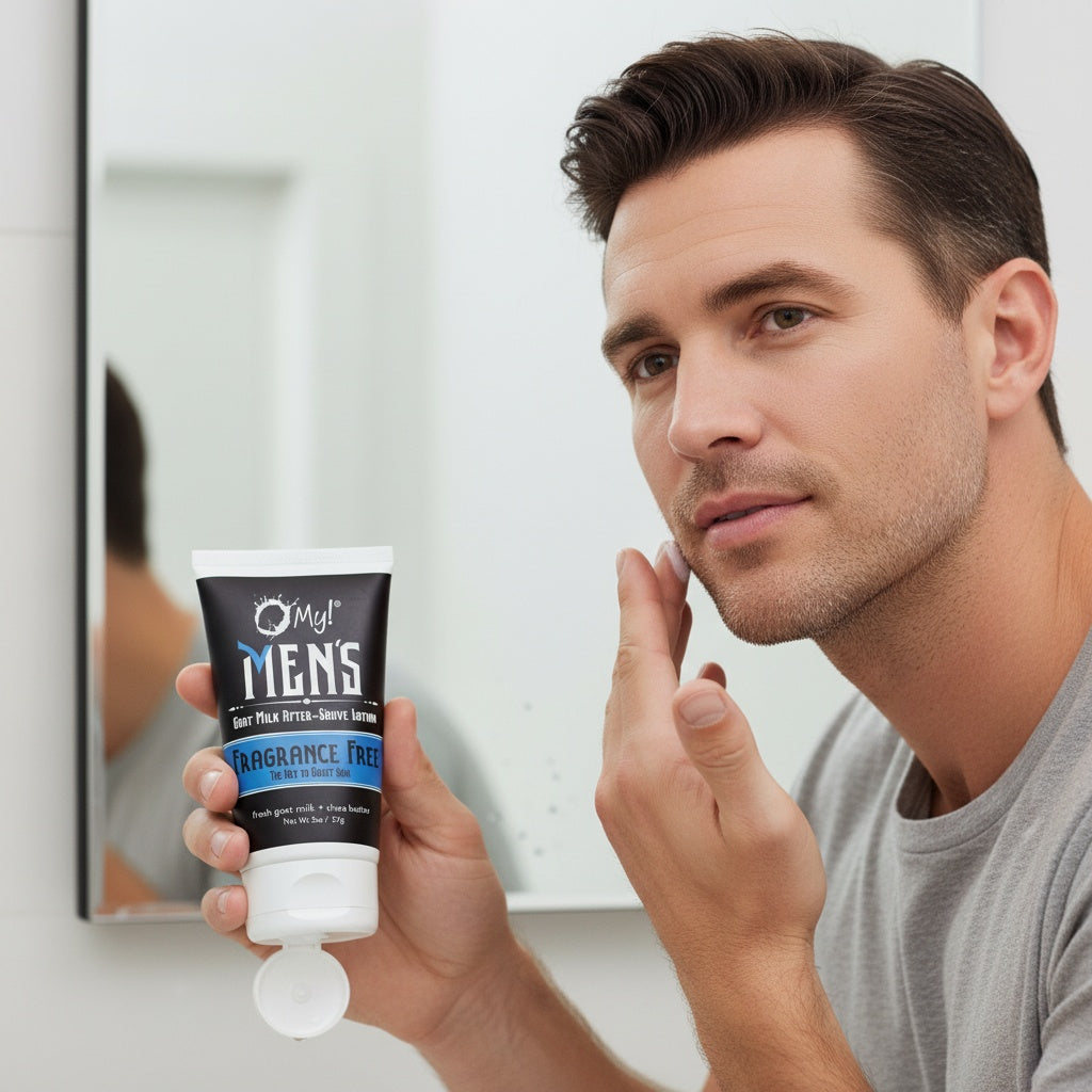 Man applying O My! Men's Goat Milk Fragrance Free After-shave Lotion to his face.