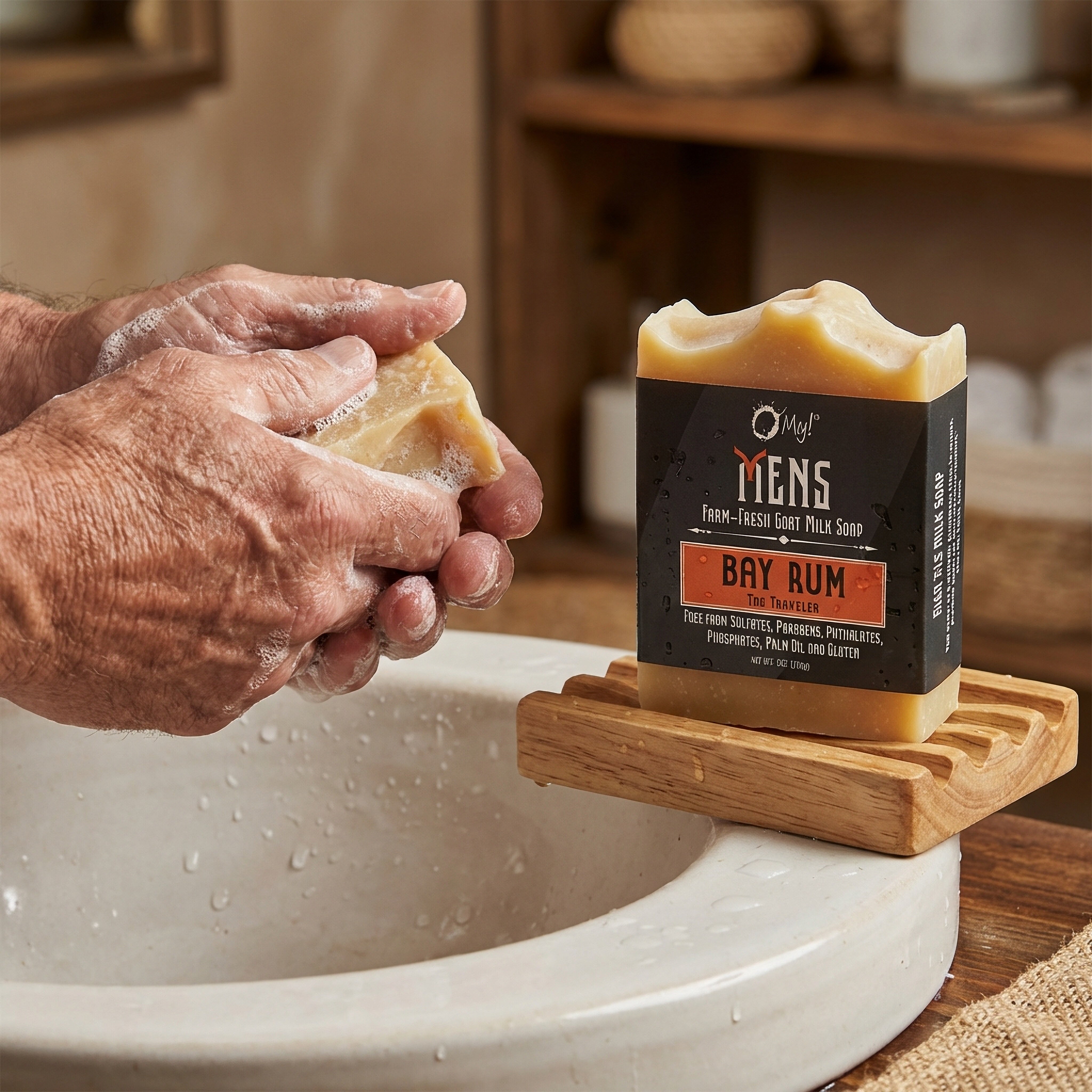 Bar of O My! Men's goat milk soap Bay Rum sitting on a sink.  A man washing his hands.