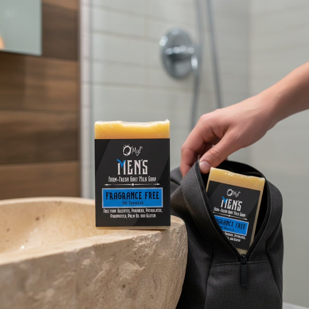 Bar of O My! Men's goat milk soap Fragrance Free sitting on a sink.