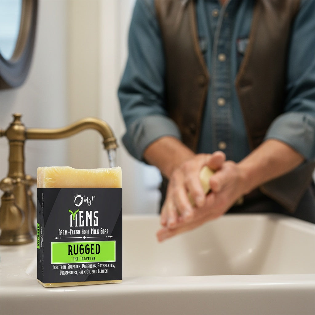 Bar of soap with packaging labeled 'Mens' on a bathroom counter, person washing hands in the background.