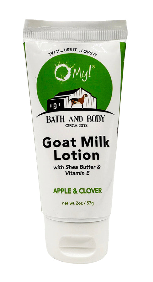 O My! Goat milk lotion Apple & Clover tube with green and white label on a white background.