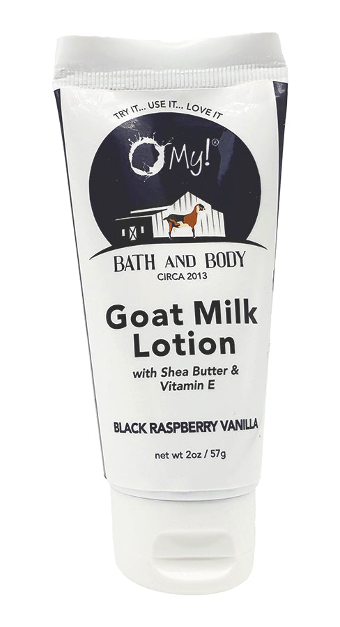 O My! Goat milk lotion Black Raspberry Vanilla tube with deep purple and white label on a white background.