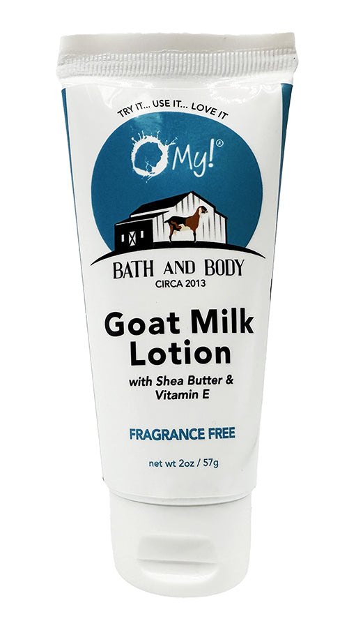 O My! Goat milk lotion Fragrance Free tube with turquoise blue and white label on a white background.