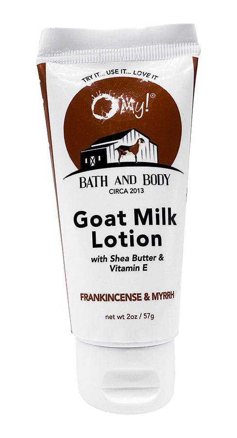O My! Goat milk lotion Frankincense & Myrrh tube with brown and white label on a white background.