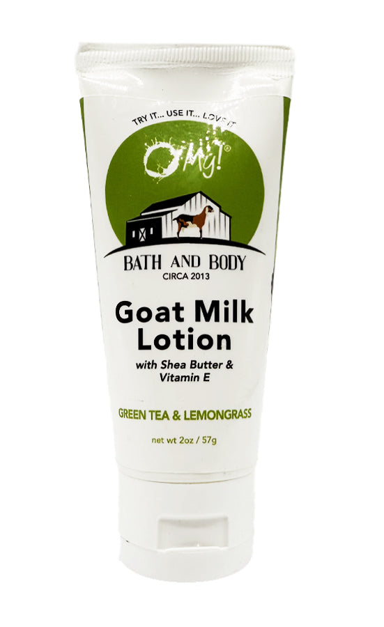 O My! Goat milk lotion Green Tea & Lemongrass tube with lime green and white label on a white background.