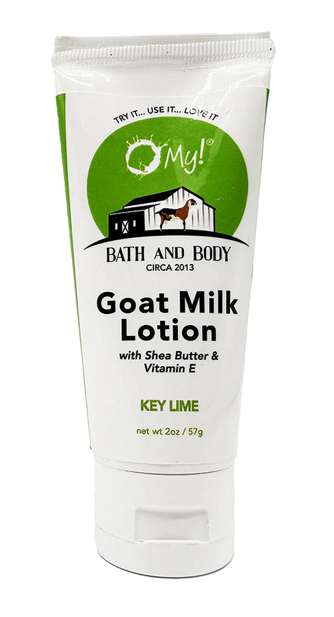 O My! Goat milk lotion Key Lime tube with bright green and white label on a white background.