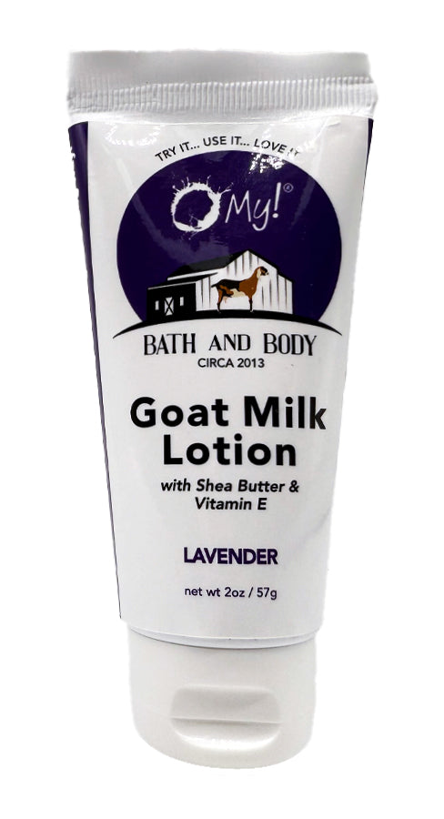 Tube of O My! Bath and Body Goat Milk Lotion in Lavender essential oil with raw goat milk, Shea Butter & Vitamin E on a white background