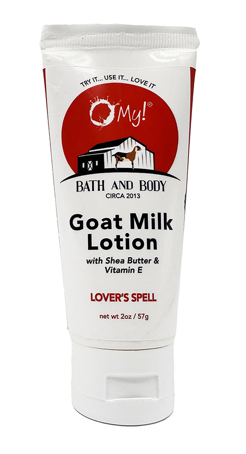 Tube of O My! Bath and Body Goat Milk Lotion in Lovers Spell fragrance oil with raw goat milk, Shea Butter & Vitamin E on a white background