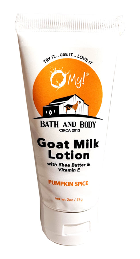 Tube of O My! Bath and Body Goat Milk Lotion in Pumpkin Spice fragrance oil with raw goat milk, Shea Butter & Vitamin E on a white background