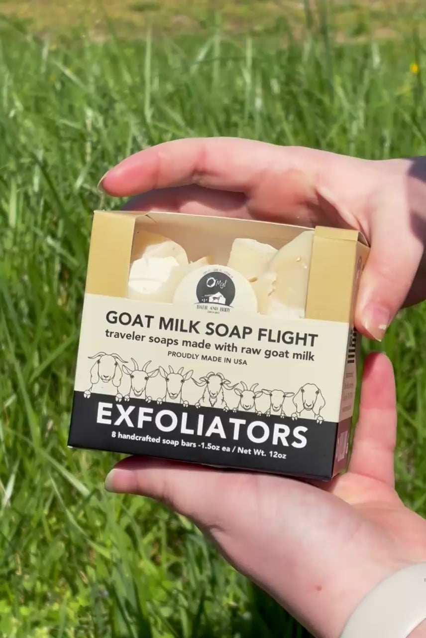 Load video: O My! Goat Milk Soap Flight Traveler Box | 8 Bars Made with Raw Goat Milk | Free of Parabens &amp; More | Handcrafted USA