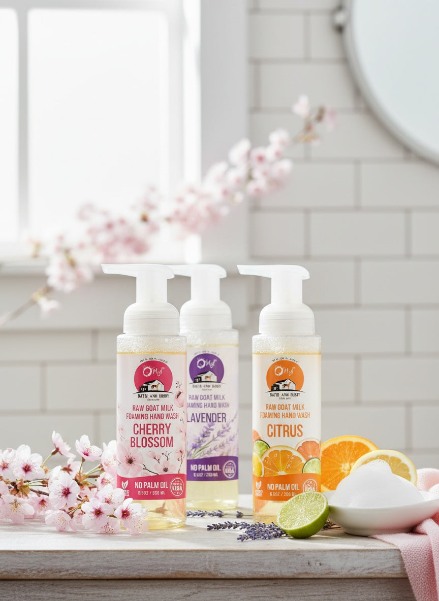 O My! Goat Milk Foaming Hand Wash in a white bathroom with fragrance elements.