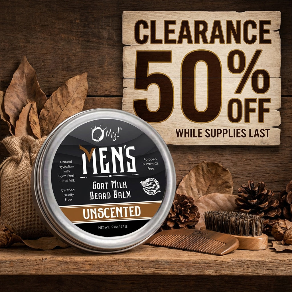 O My! Men's Goat Milk Beard Balm tin with clearance sign on wooden background