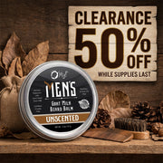 O My! Men's Goat Milk Beard Balm tin with clearance sign on wooden background