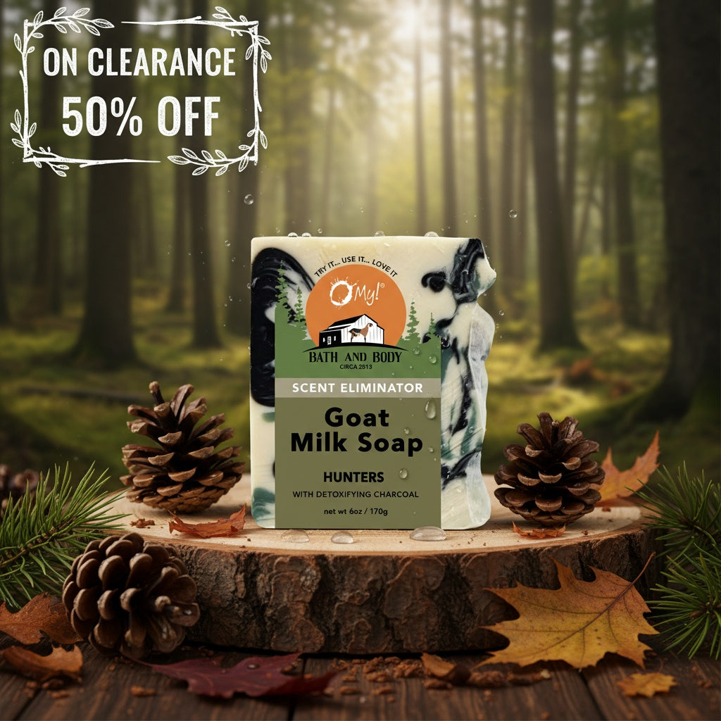 O My! Goat Milk Hunters soap on a wooden stump with a forest background and clearance sale text.
