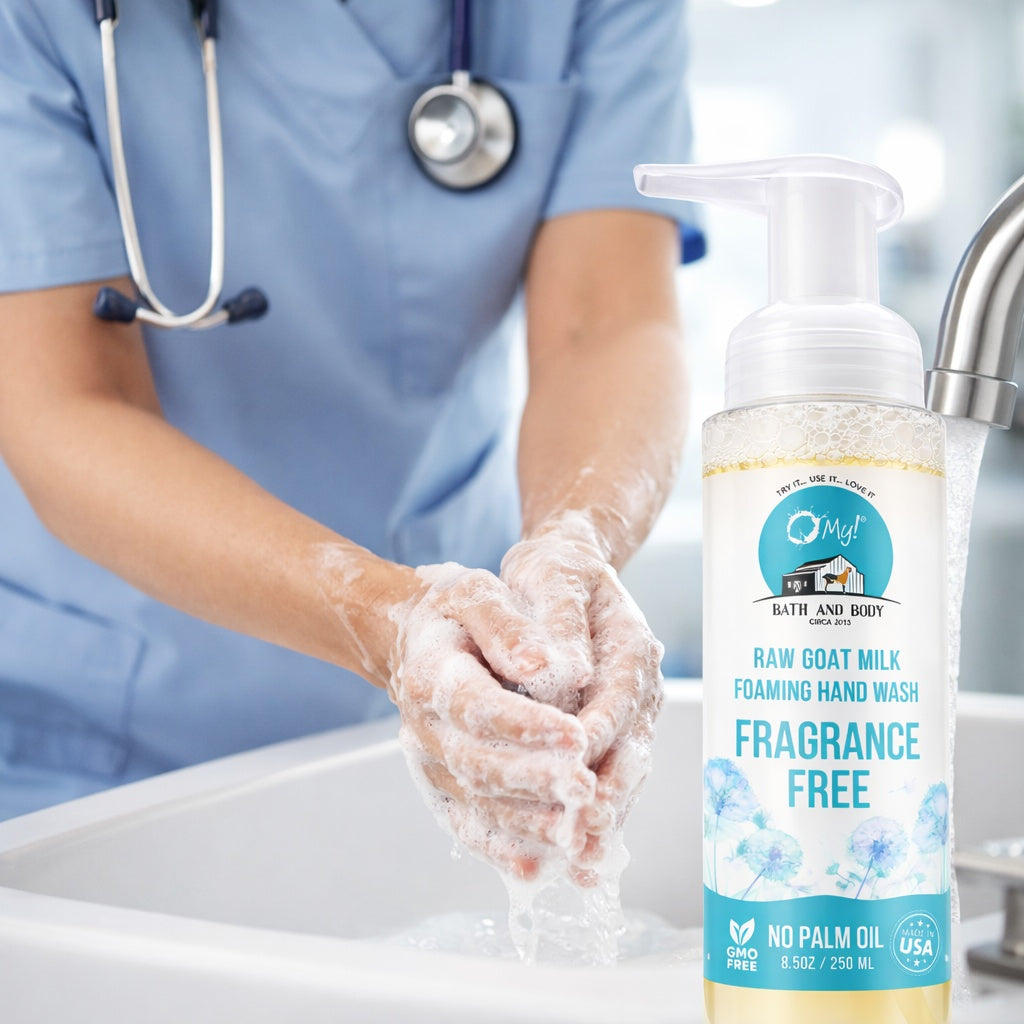 Nurse washing hands with a bottle of O My! Raw Goat Milk Foaming Hand Wash in the foreground.