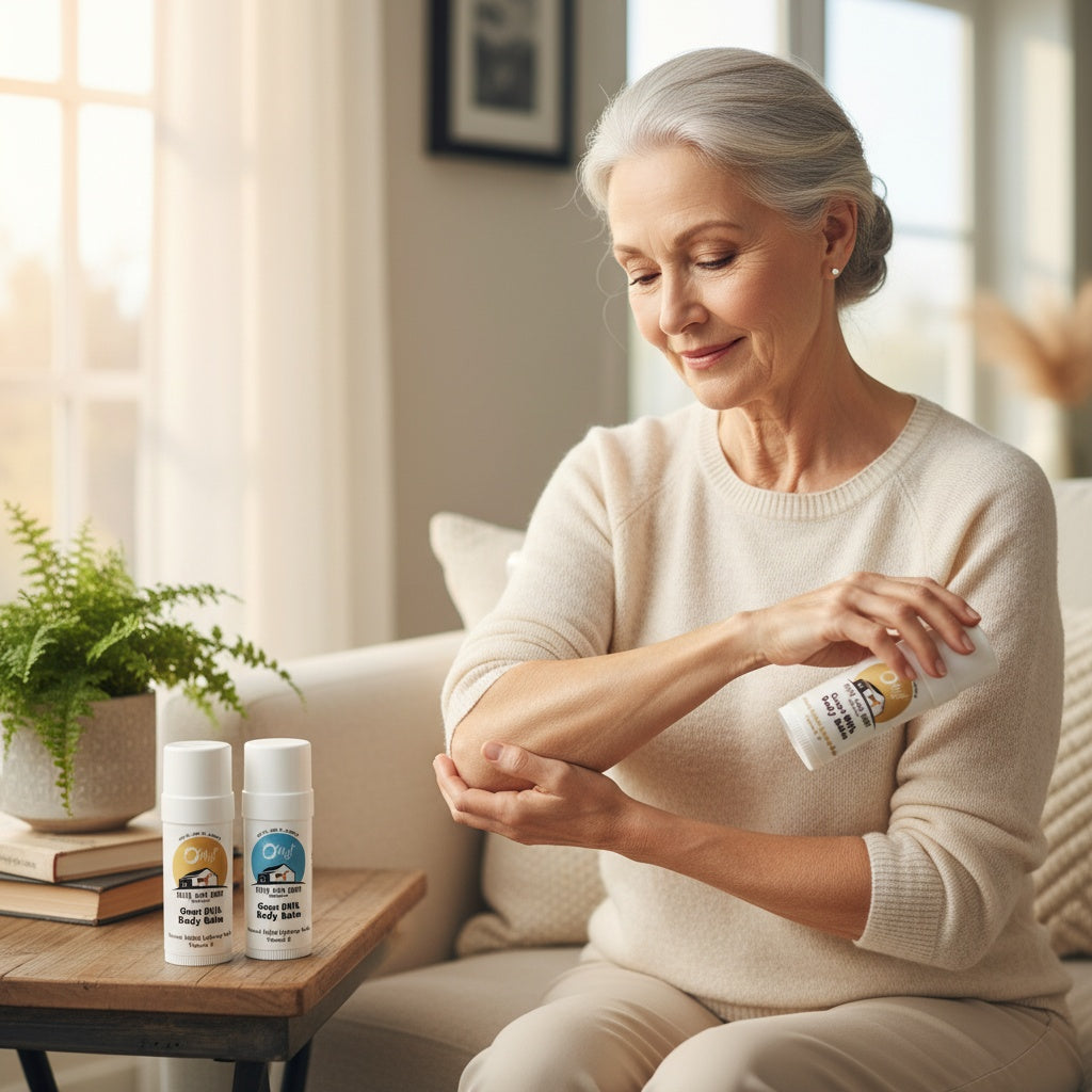 Woman applying O My! Goat Milk Body Balm in Frankincense and Myrrh Essential Oil to her elbow to keep it moisturized.