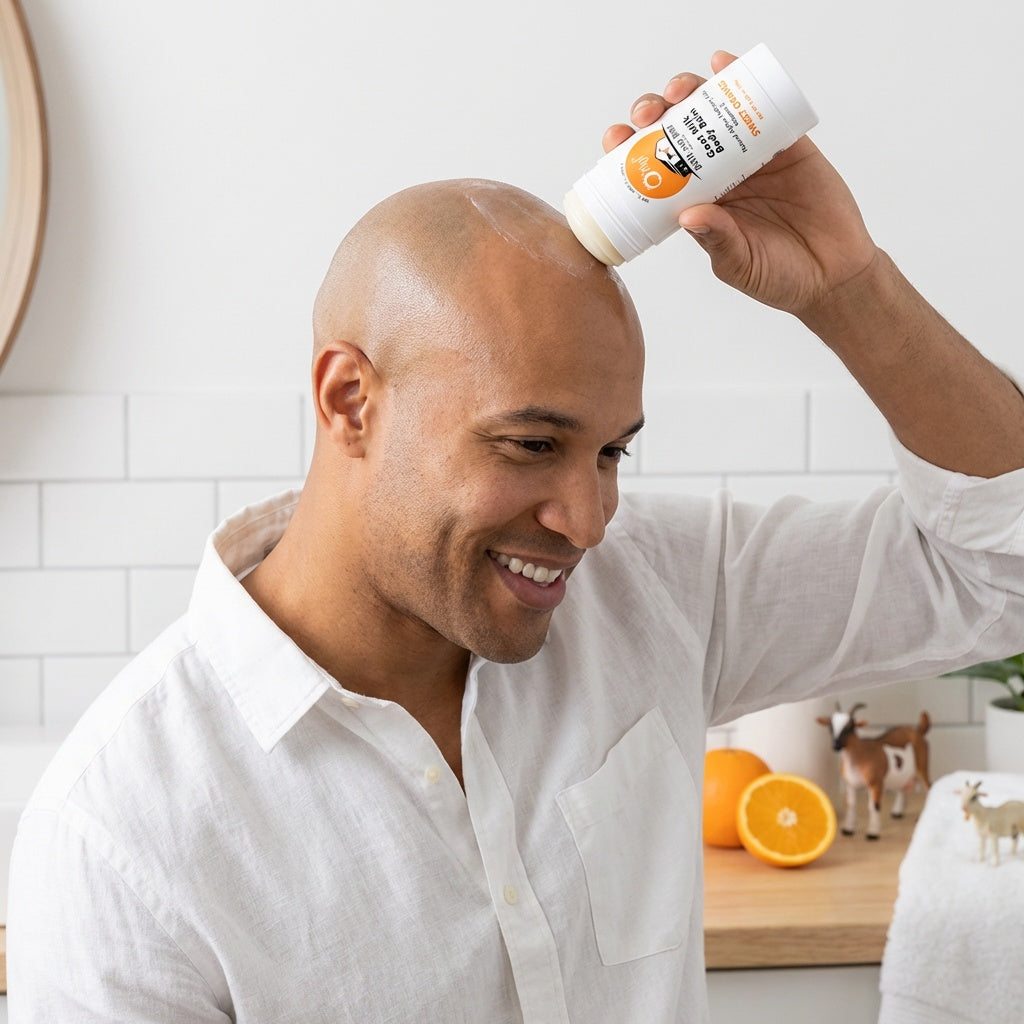 Man applying O My! Goat Milk Sweet Orange Body Balm to his bald head to help keep it moisturized.