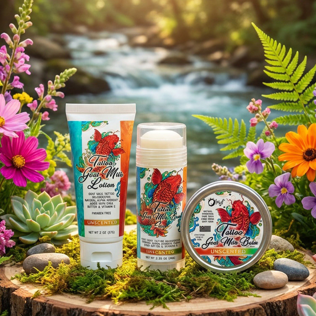 O My! Goat Milk Tattoo after care products on a wooden stump with a natural background