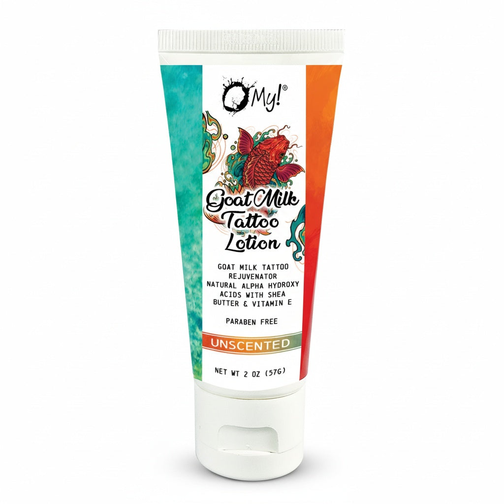 Tube of O My! Goat Milk Tattoo Lotion on a white background